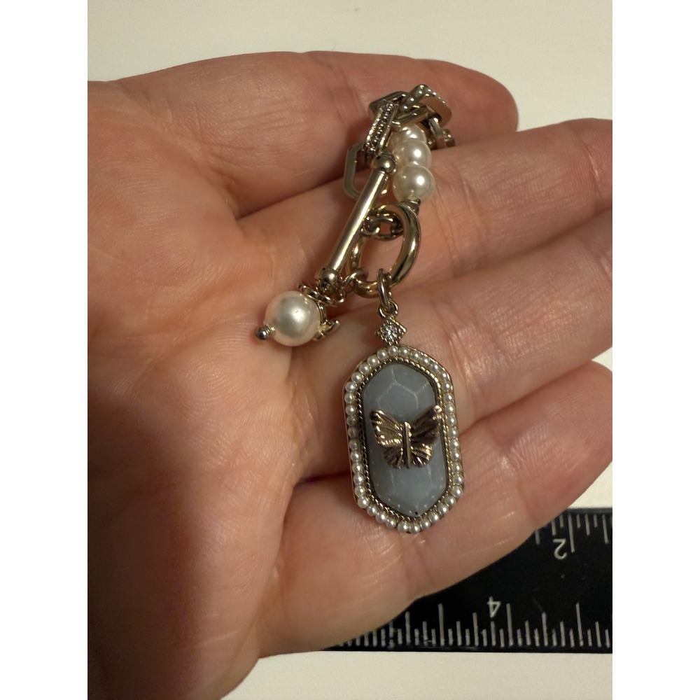 Silver‎ Tone Split Pearl Paperclip Chain Butterfly Pendant Toggle Necklace 18in